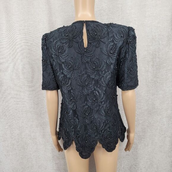 Laurence Kazar Vintage Mesh Lace Black Beaded Blouse 80s Scalloped Hem - Picture 6 of 9